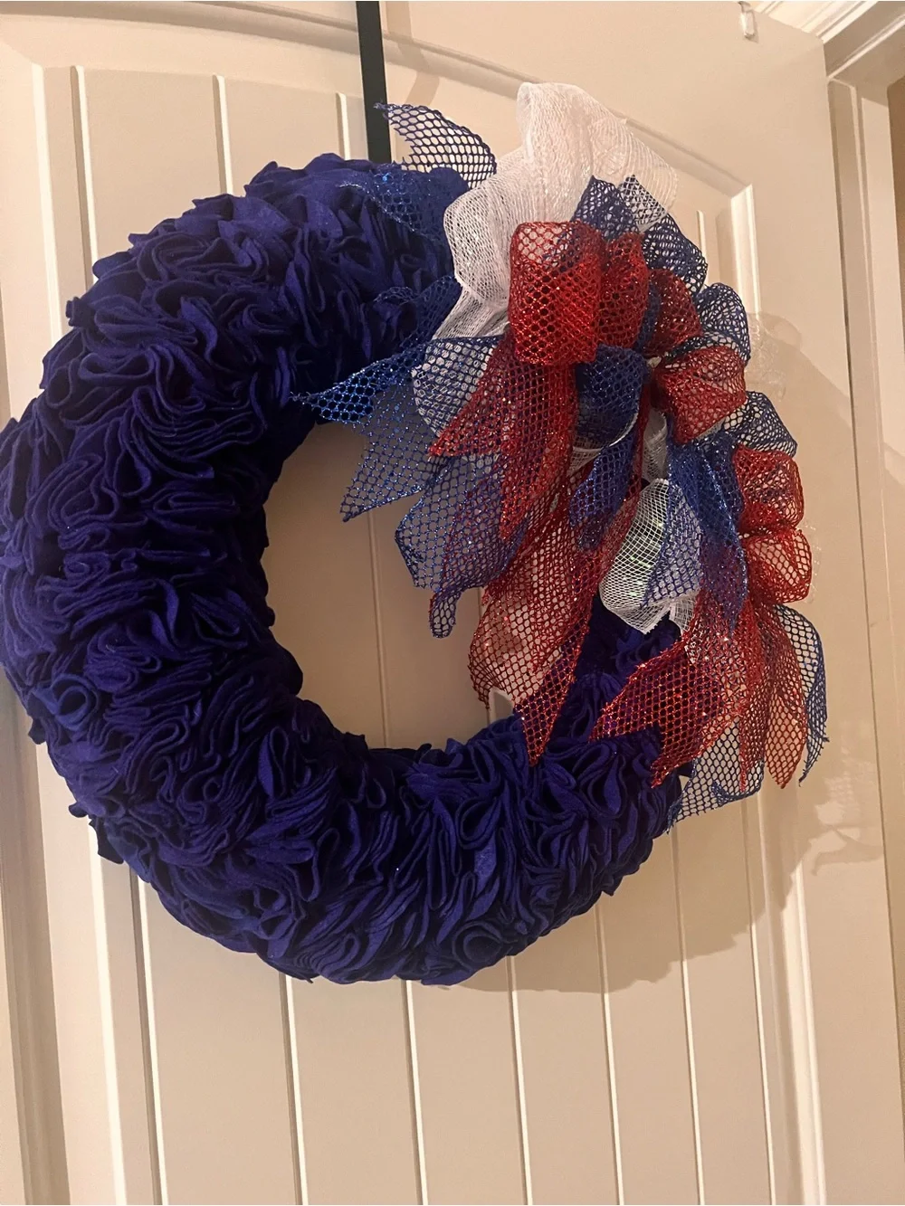 Patriotic Holiday Wreath. Red, White & Blue Mesh Bow & Felt. Handcrafted.